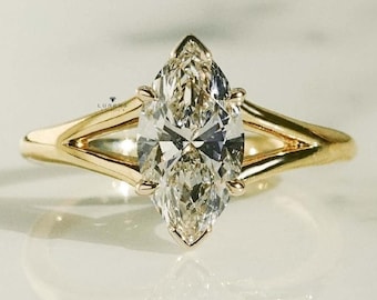 Marquise Cut Moissanite Minimalist Split Shank Engagement Ring, 14K Gold Bridal Ring 6 Claw Prong Wedding Ring Simple Promise Ring for Her