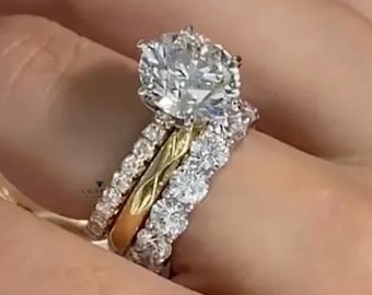 Round Cut Moissanite Engagement Ring Set, 14K Gold Ring, Solitaire Ring, Full Eternity Band, 3-Classic Modern Bridal Ring Set, Wedding Ring