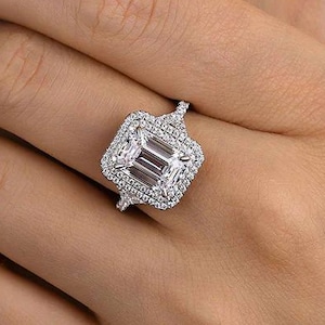 3.00 Ct Emerald Cut Halo Engagement Ring with Double Pave Band | Vintage Style Emerald Diamond Ring | Art Deco Bridal Ring in White Gold
