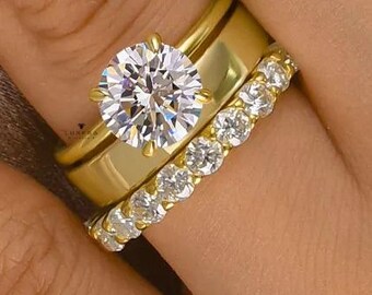 Round Cut Moissanite Engagement Ring Set Hidden-Halo 14K Gold Ring, Solitaire Ring, Full Eternity Band, Bridal Ring Set, Wedding Ring Set
