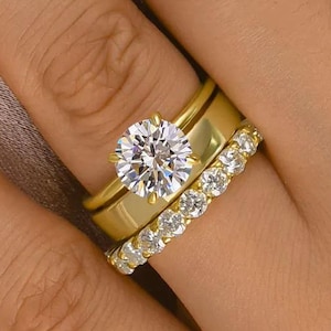 2.00 Ct Yellow Gold Moissanite Bridal Ring Set | Solitaire Engagement Ring with Matching Eternity Band | Round Cut Moissanite Wedding Set