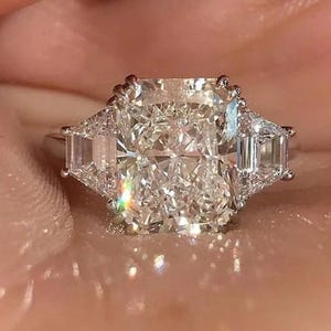 2.50 Ct Radiant Cut Moissanite Engagement Ring, Crushed Ice Radiant Cut Ring, Elongated Radiant, Three Stone Ring
