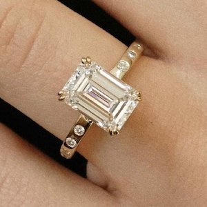 3.20 Ct Emerald Cut Moissanite Engagement Ring, Emerald Cut Ring, Moissanite Engagement Ring, Hidden Halo Ring