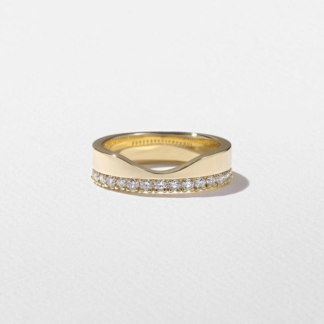 14k Gold Cigar Wedding Band U Shaped Ring Bezel Diamond Unique Band 