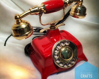 Nautical Engraved Brass Red & Golden Vintage Rotary Phone Old Fashioned Telephone French Victorian tabletop desk working phone