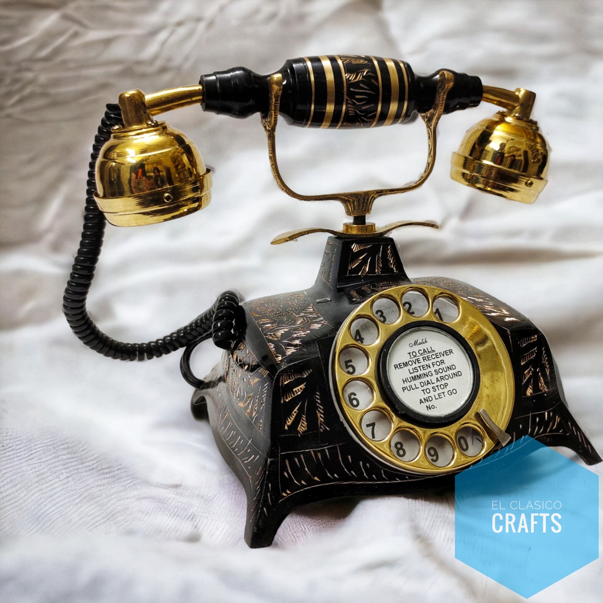 置物 antique USA telephone Nautical Engraved Brass Black & Golden Vintage Rotary Phone Old