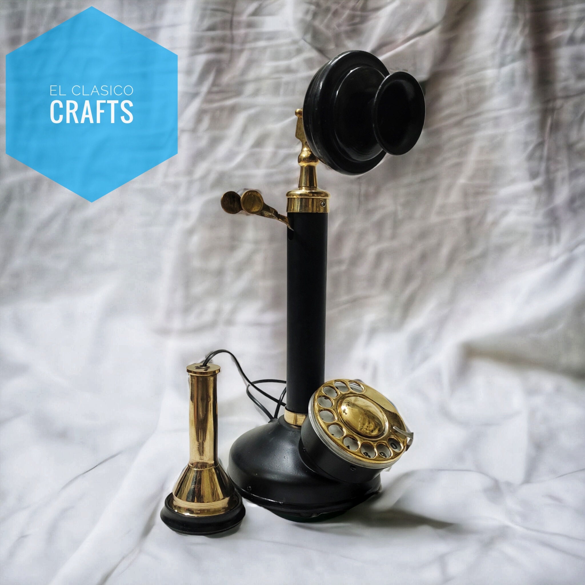 Nautical Candlestick Brass Black & Golden Vintage Rotary Phone Old Fashioned Telephone Victorian tabletop desk working phone