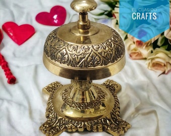 Ornate Brass Desk Bell | Antique Hotel Reception Counter Bell | Vintage Filigree Service Call Bell, Decorative Office Desk Ornament Gift
