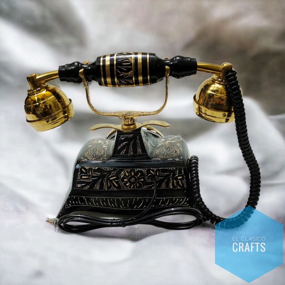 Nautical Engraved Brass Black & Golden Vintage Rotary Phone Old
