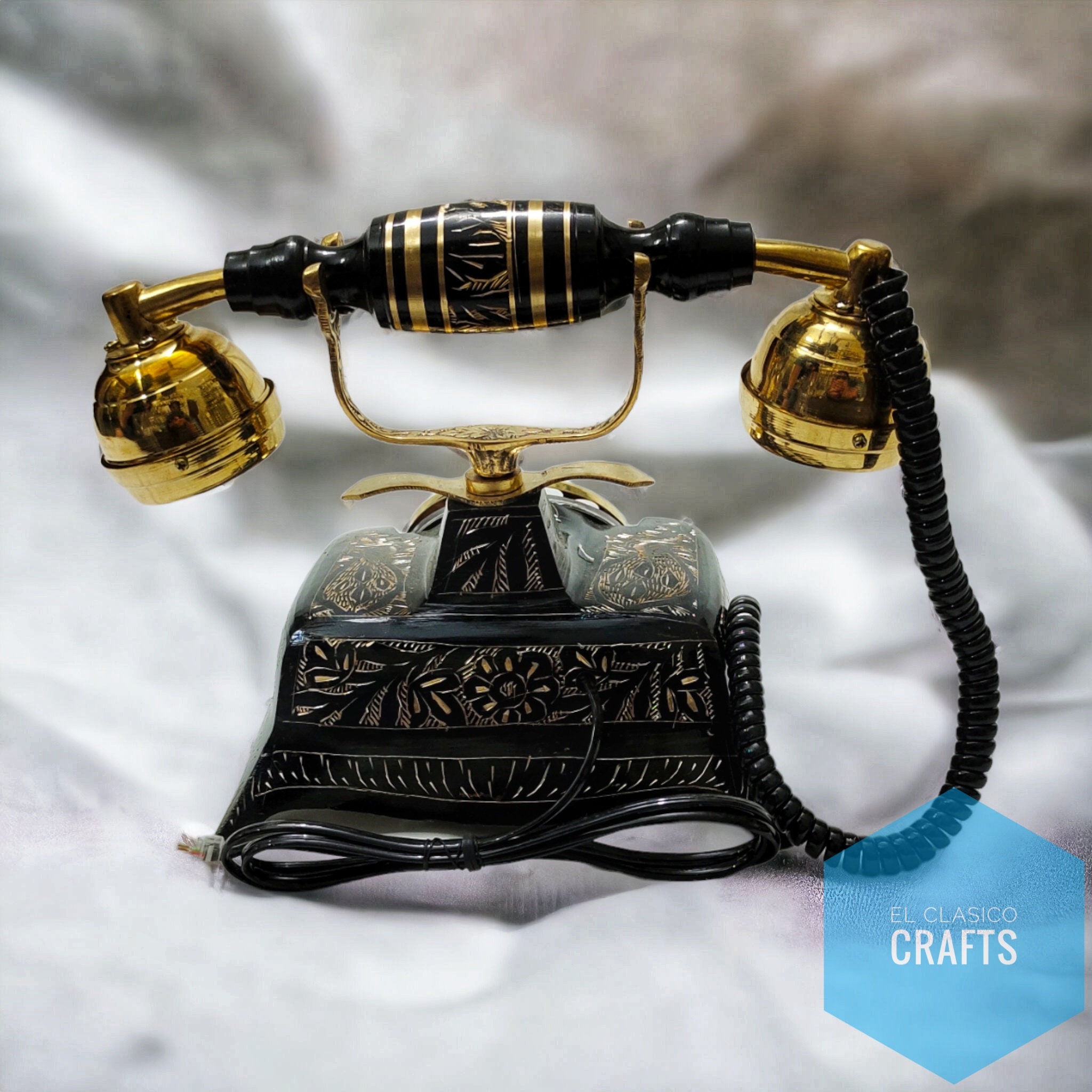 Nautical Engraved Brass Black & Golden Vintage Rotary Phone Old