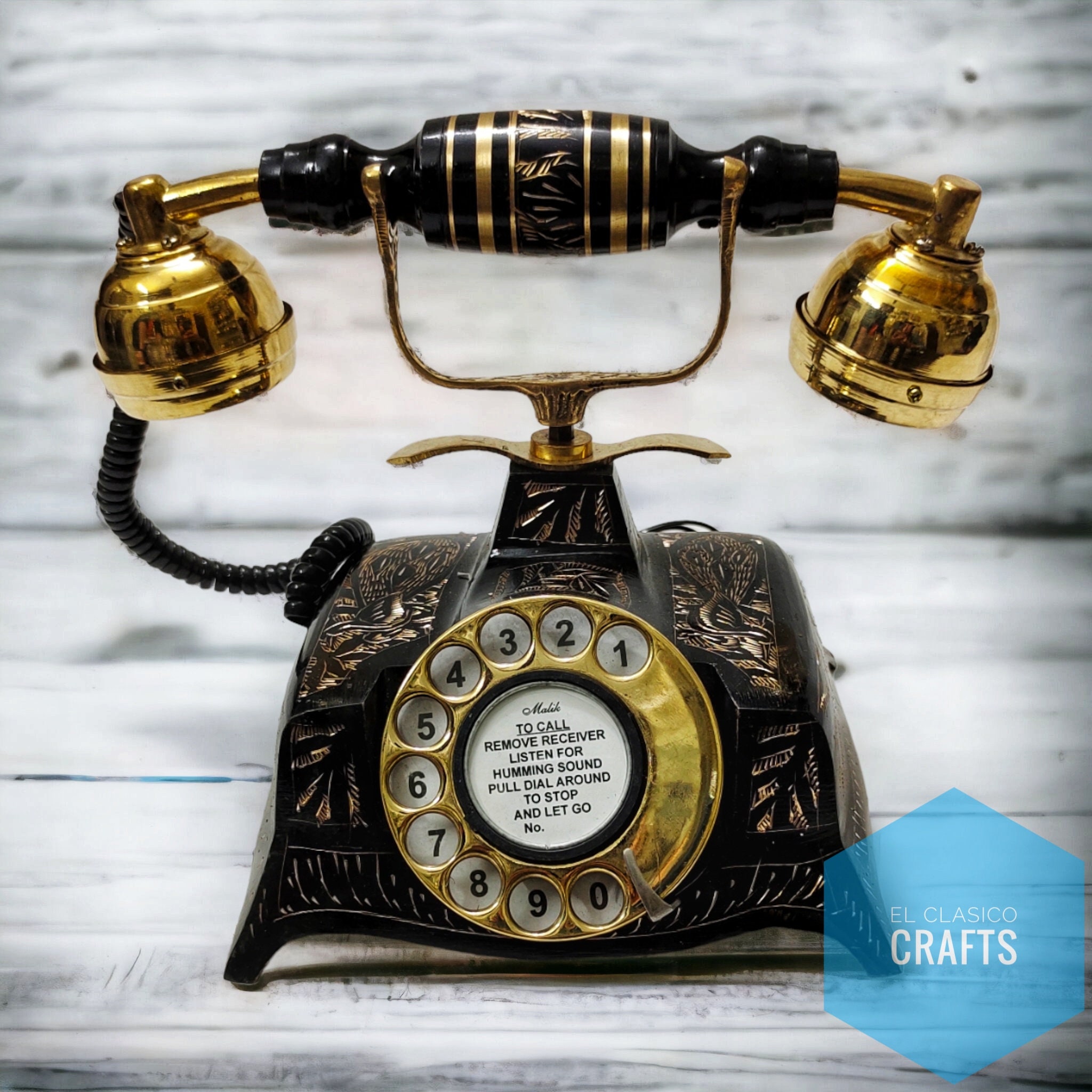 Nautical Engraved Brass Black & Golden Vintage Rotary Phone Old