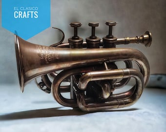 Vintage Bronze Antique Brass Trumpet Pocket Bugle Horn 3 Valve Mouthpiece Best for Gift and home decoration for musical theme
