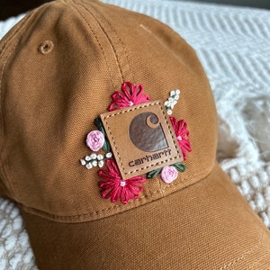 Hand embroidered custom floral Carhartt beanie or baseball hat/cap for adults and/or children.