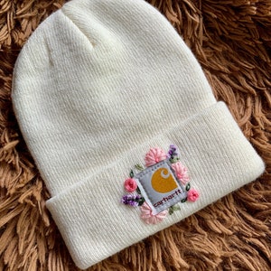Hand Embroidered Flower Carhartt Beanie or Baseball Hat for Adults and/or Children.