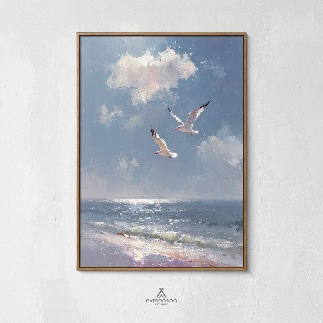 Seagulls Over Calm Sea Wall Art, Soft Coastal Painting (printable ...