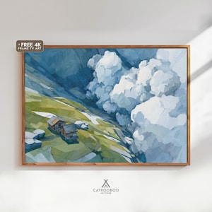 Hoge hoek lente berghut landschap moderne kunst (afdrukbare digitale download)