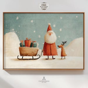 Stampa artistica natalizia vintage di Babbo Natale e renne (download digitale) CL17