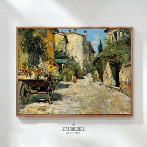 Blumenkarre an einer sonnigen Straße: Rustikaler Charme und lebendige Blüten in einer Szene eines Dorfes, Vintage Sommer Druck Kunst, L25