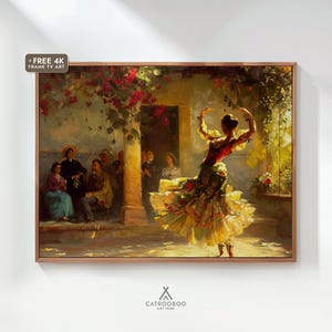 フラメンコダンサーの壁掛けアート、スペイン舞踊シーンの絵画（印刷可能なデジタルダウンロード）