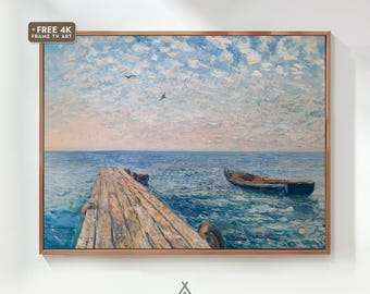 Wooden Pier Seascape Painting, Calm Ocean Dock Wall Art (Printable Digital Download)