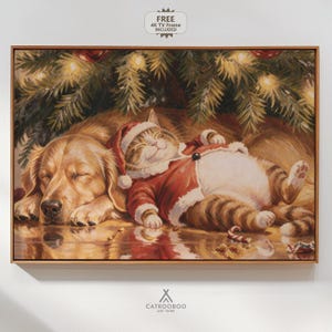 Christmas Cat and Dog Art Print, Vintage Holiday Scene (Digital Download) CL13