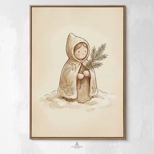 May include: A framed illustration of a figure in a hooded cloak, holding a sprig of greenery. The cloak is decorated with olive branch designs and a fluffy trim. The artwork has a soft, sepia-toned color palette and is set against a neutral background.