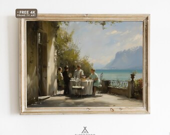 Mediterranean Terrace Breakfast Scene, Coastal Summer Painting (Printable Digital Download)