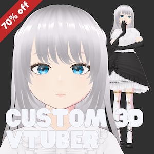 May include: A 3D model of a custom Vtuber with white hair, blue eyes, and a white shirt. The model is wearing a black and white skirt and black gloves. The text "CUSTOM 3D VTUBER" is written in white letters on a black background.