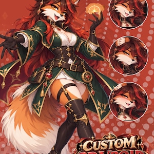 Pode incluir: Um personagem raposa antropomórfico com longos cabelos ruivos e castanhos, vestindo uma roupa verde-escura e branca com detalhes dourados, botas pretas até a coxa e um cinto com acessórios. Inclui três expressões faciais circulares e o texto CUSTOM 3D VROID.