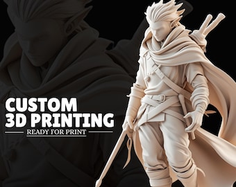 May include: A light-colored 3D printed figurine of a fantasy character with spiky hair and pointed ears, wearing a cloak and carrying swords on the back. The image includes the text CUSTOM 3D PRINTING READY FOR PRINT in white letters.