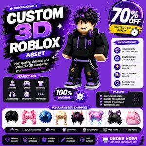 Peut inclure: Une publicité numérique pour un actif Roblox 3D personnalisé montrant un personnage aux cheveux noirs avec des mèches violettes, portant un sweat à capuche noir avec un R violet, un pantalon noir avec des détails violets et un casque. Le fond violet affiche du texte dont 70% OFF, CUSTOM 3D ROBLOX ASSET et diverses icônes représentant des accessoires, des vêtements et des coiffures.