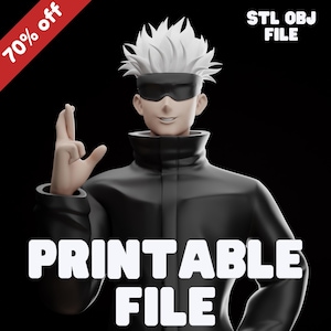 Op de afbeelding: Een 3D-geprint model van een personage met wit haar en een zwarte blinddoek. Het model draagt een zwart jack en heeft een hand omhoog met twee gestrekte vingers. De afbeelding bevat de tekst "STL OBJ FILE" en "PRINTABLE FILE".