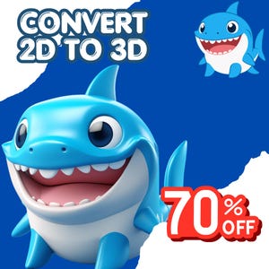 May include: A 3D rendered blue shark character with a white belly and open mouth, accompanied by a smaller 2D shark illustration. The text reads CONVERT 2D TO 3D and 70% OFF. The background is a deep blue with white torn paper-style edges.