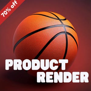 Puede incluir: Primer plano de una pelota de baloncesto naranja con líneas negras. La pelota de baloncesto está sobre un fondo rojo con el texto "PRODUCT RENDER" y "70% off" en blanco.