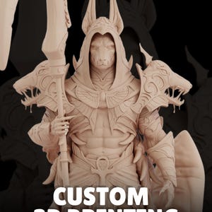 May include: A light tan, unpainted 3D printed figurine of an anthropomorphic jackal deity wearing ornate armor with animal-head shoulder pauldrons and holding a tall staff. The text CUSTOM 3D PRINTING is printed in white at the bottom.