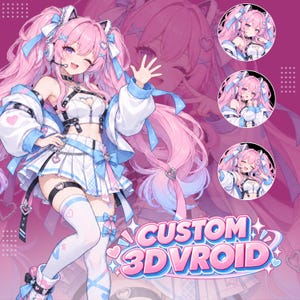 May include: An anime-style character with long pink hair, wearing a white and blue outfit with heart-shaped accessories, a pleated skirt, and thigh-high socks. The image features the text CUSTOM 3D VROID and three circular inset portraits.