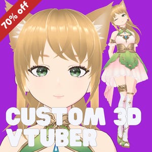May include: A 3D illustration of a custom virtual YouTuber avatar with blonde hair, green eyes, and cat ears. The avatar is wearing a green and pink dress with a gold belt and white stockings. The text "CUSTOM 3D VTUBER" is written in white letters on a purple background.