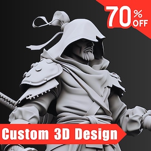 May include: A 3D printed model of a hooded figure with a beard, wearing a cloak and armor. The figure is holding a sword in one hand. The image includes the text "Custom 3D Design" and "70% OFF".