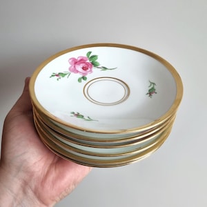 Set of 6 Antique Meissen Porcelain Plates, Pink Rose Décor, Gilded Rim, First Quality, 1890s, 15 cm