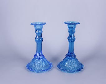 Pair of Vintage Ząbkowice Glass Candlesticks – 1960s Polish Pressed Glass