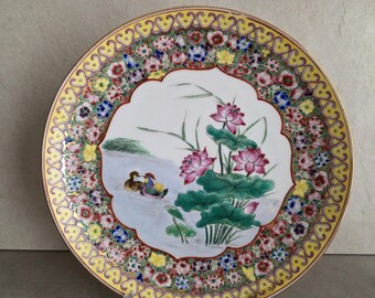 金色と緑色の模様の膳 中国磁器皿 • 1900年代 黄色と金色の花柄 • オシドリ • 26 cm - Etsy 日本