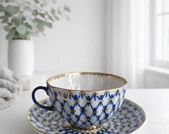 Russian Imperial Lomonosov Porcelain Cobalt Net Trio Cup and