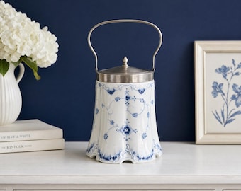 Antique Blue Fluted Biscuit Jar Silver Plated Mount 1900s