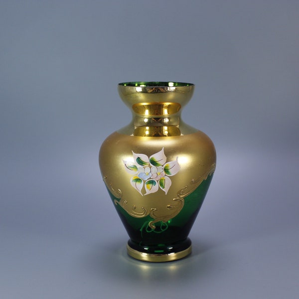 Bohemian Glass Vase, Hand Painted Enamel Floral Design and 24k Gold Embellishments