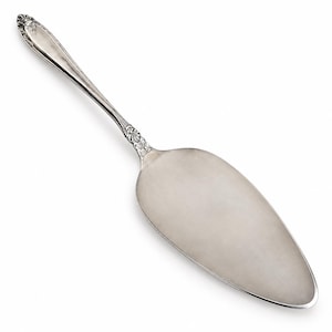 May include: A silver-toned cake server featuring a polished, triangular blade and a slender handle. The handle is decorated with intricate, embossed floral and scrollwork patterns that extend from the base to the rounded, ornate tip.