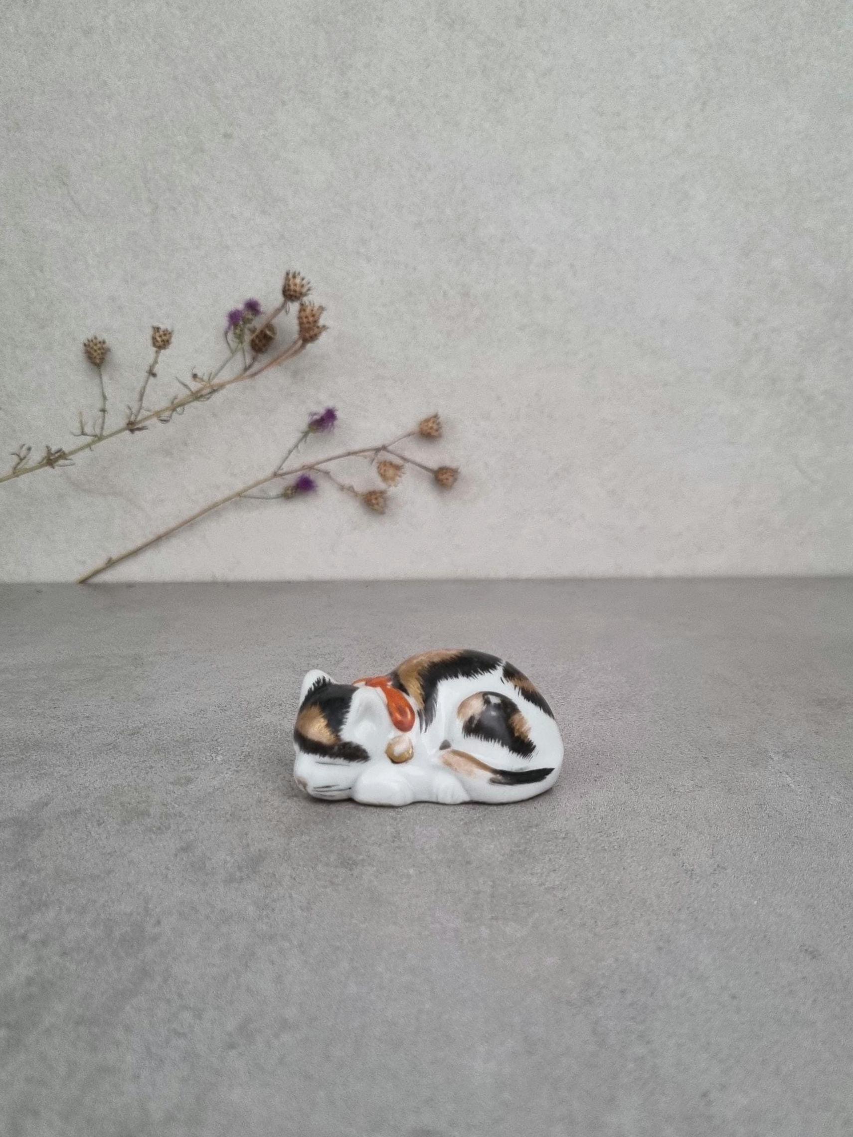 Vintage Japanese Porcelain Cat Figurine, Sleeping Lucky Cat, Hand