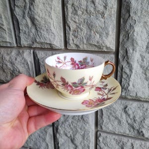 Antike französische Teetasse und Untertasse | Handgemaltes Blumenmuster mit Goldrand