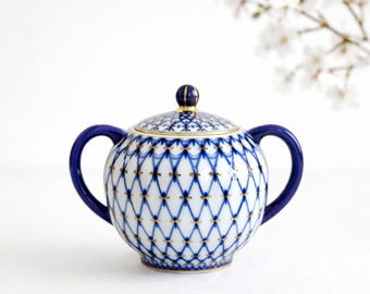 Lomonosov Blue Net Sugar Bowl Vintage Porcelain Covered Dish 1970s