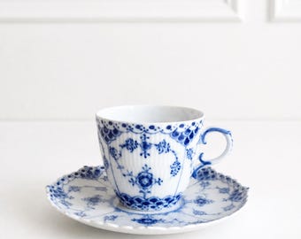 Royal Copenhagen Blue Fluted Full Lace #1035 Cup with Saucer 1960s Denmark