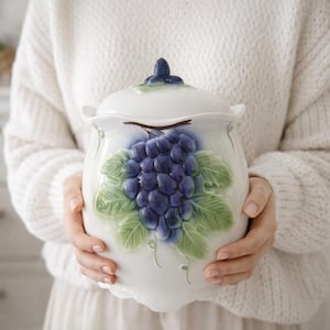 Large Vintage Portuguese Ceramic Container with Grapes Motif – 1970s Kitchen Storage Jar 24 cm